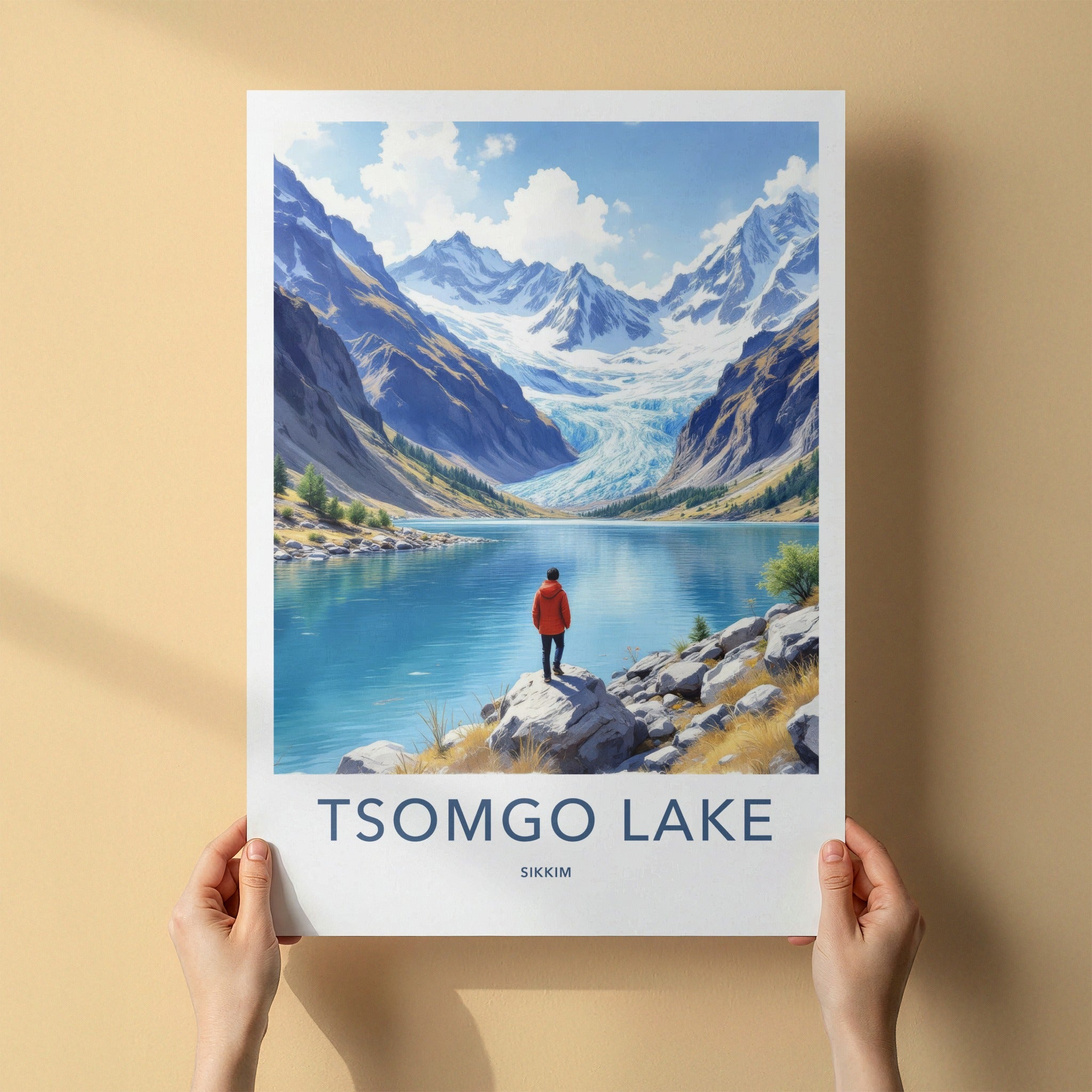Tsomgo Lake Poster - India Travel Art - Sikkim Man Mountain Lake Home Decor