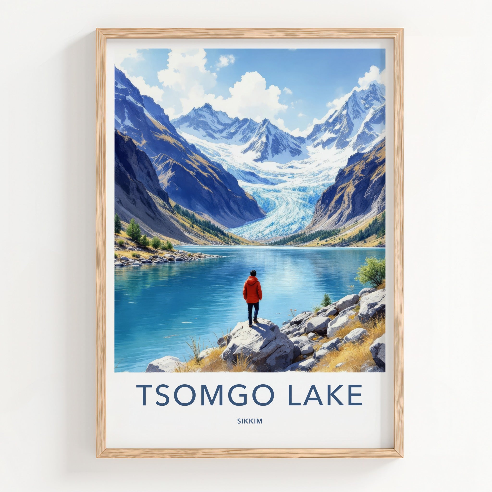 Tsomgo Lake Poster - India Travel Art - Sikkim Man Mountain Lake Home Decor