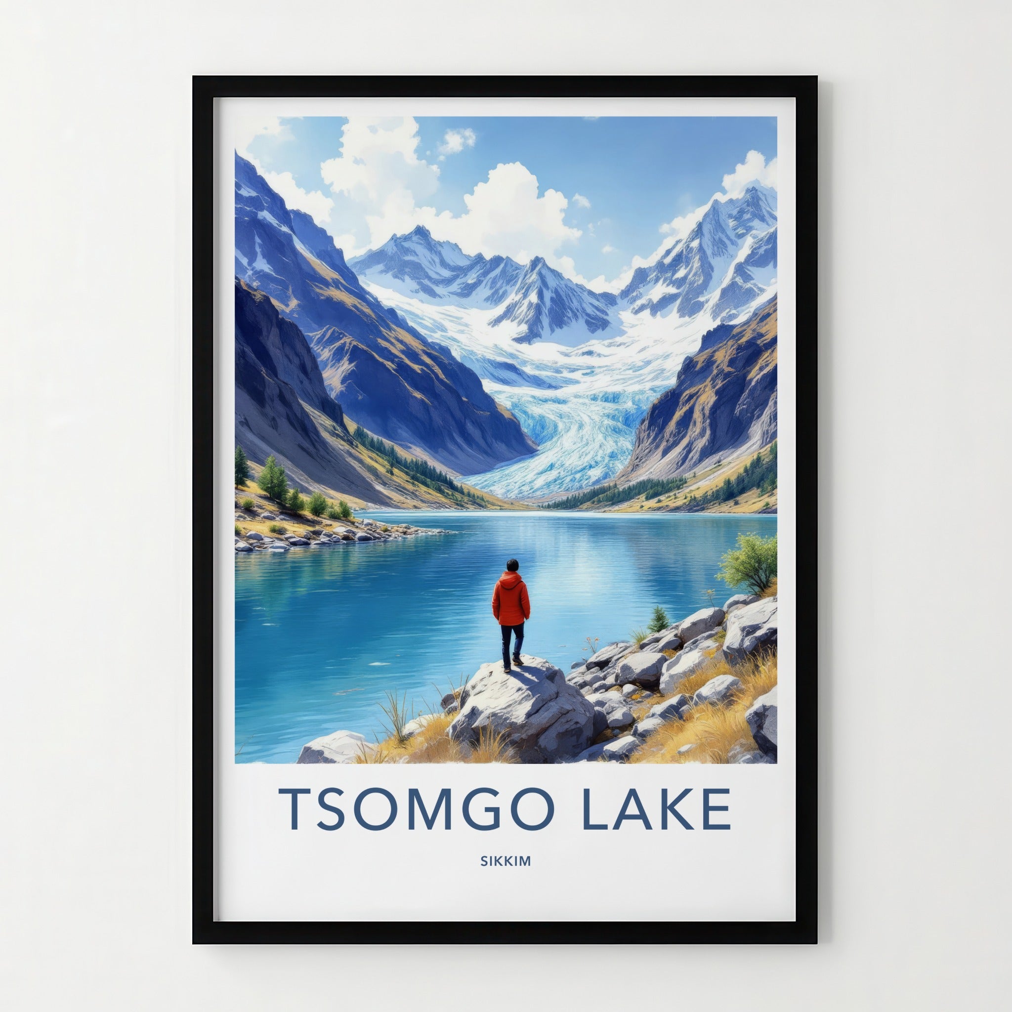 Tsomgo Lake Poster - India Travel Art - Sikkim Man Mountain Lake Home Decor
