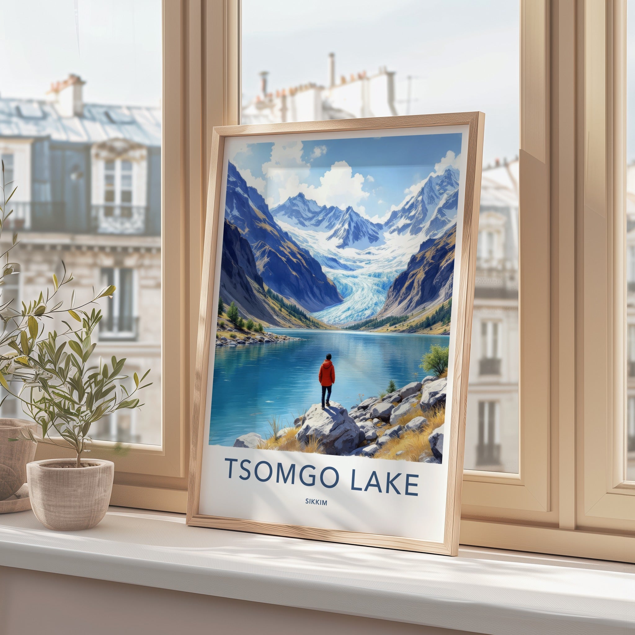 Tsomgo Lake Poster - India Travel Art - Sikkim Man Mountain Lake Home Decor