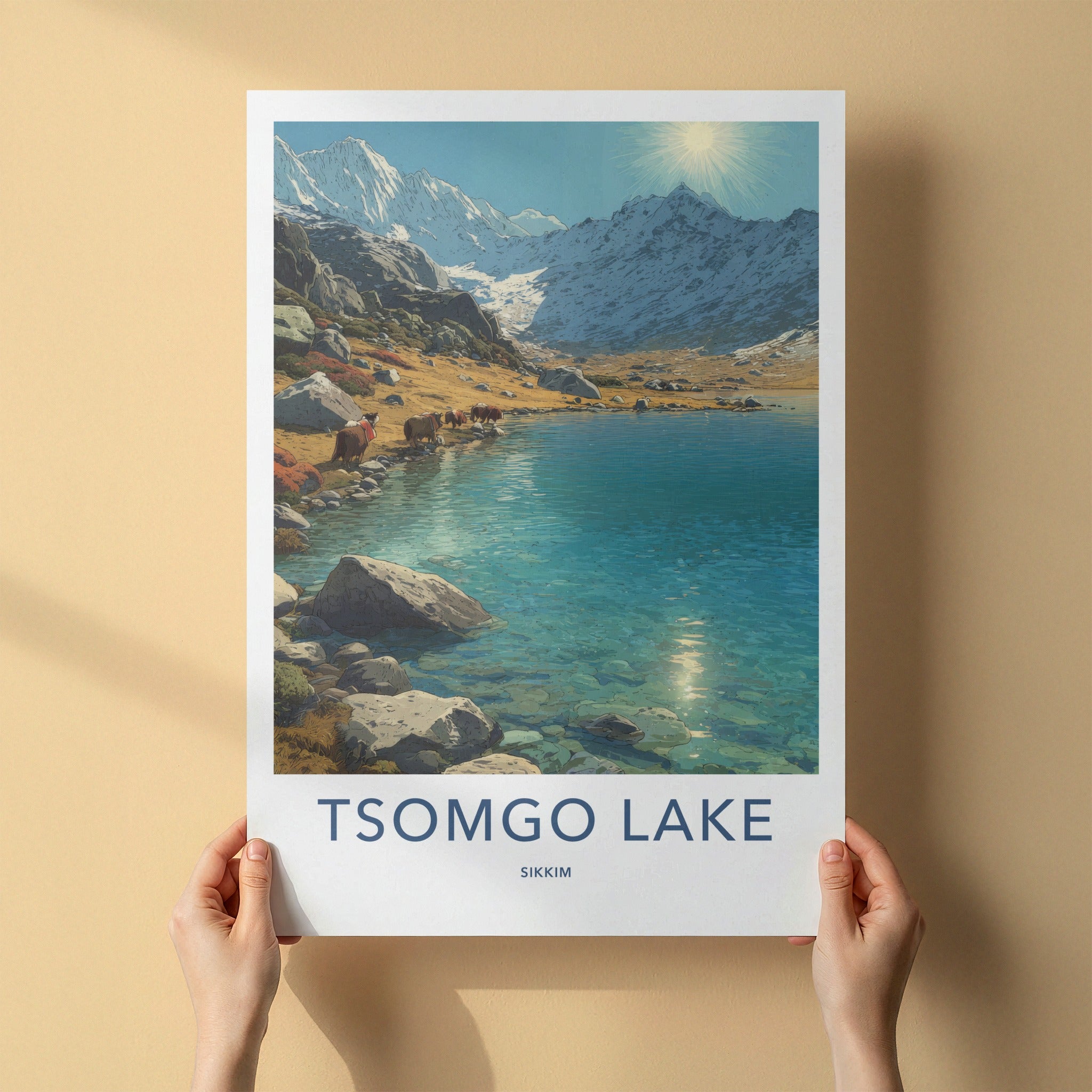 Tsomgo Lake Poster - India Travel Print - Yak Water Mountain Gallery Art