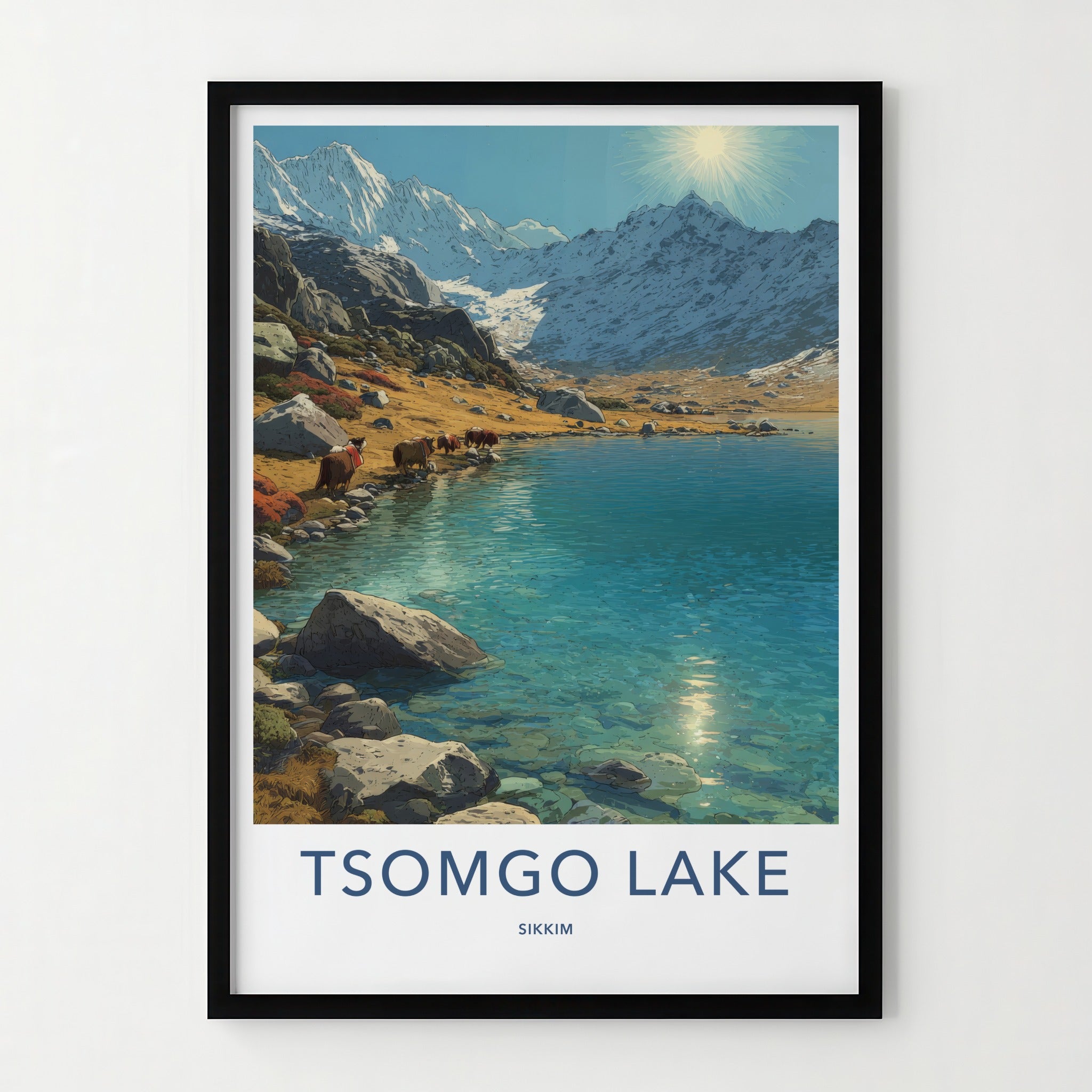 Tsomgo Lake Poster - India Travel Print - Yak Water Mountain Gallery Art
