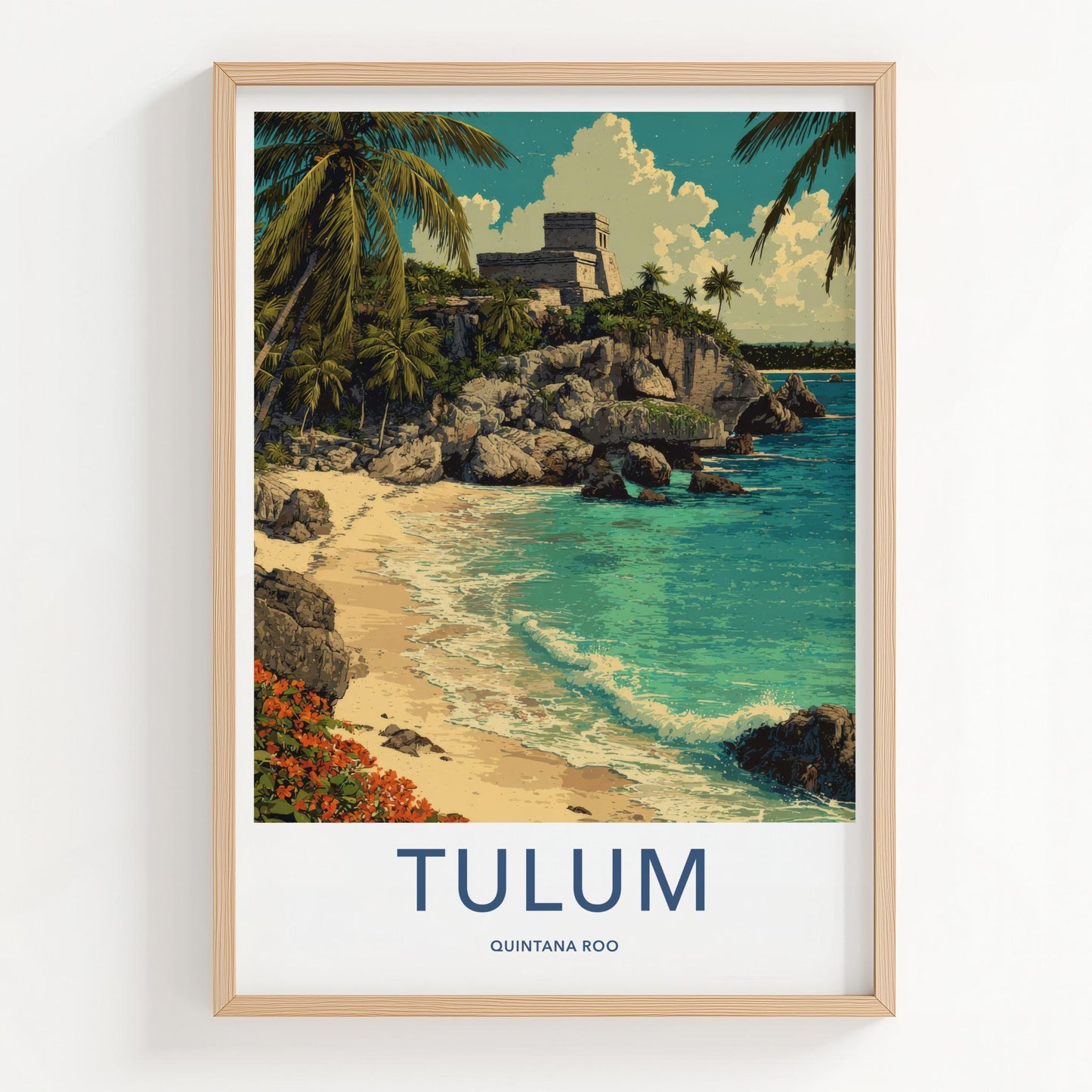 Tulum Poster - Mexico Travel Art - Mayan Cliff Beach Wall Decor