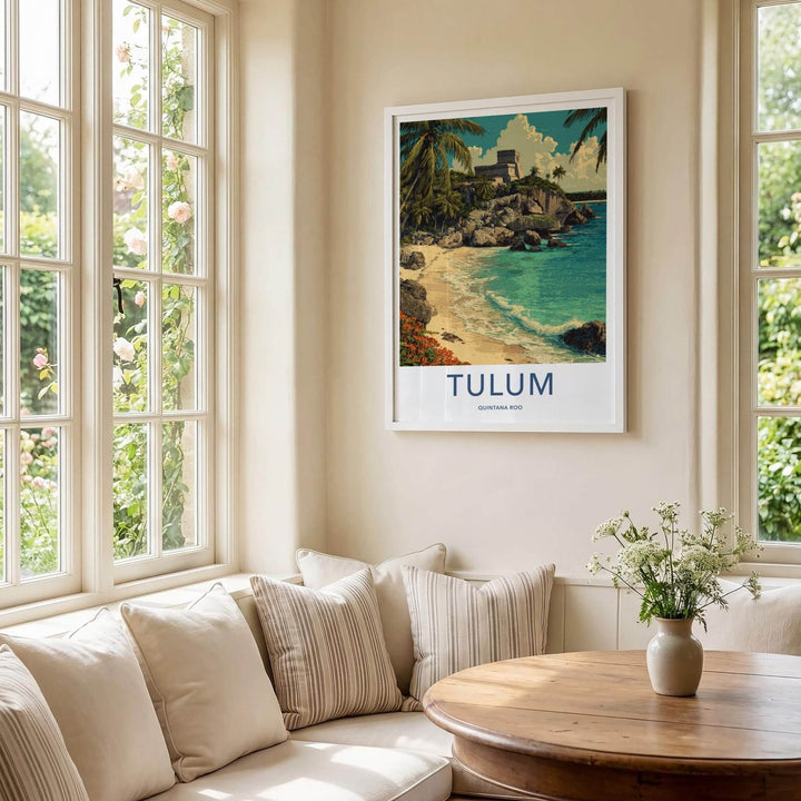 Tulum Poster - Mexico Travel Art - Mayan Cliff Beach Wall Decor