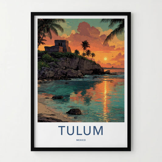 Tulum Poster - Mexico Travel Art - Tropical Cliff Sunset Home Decor