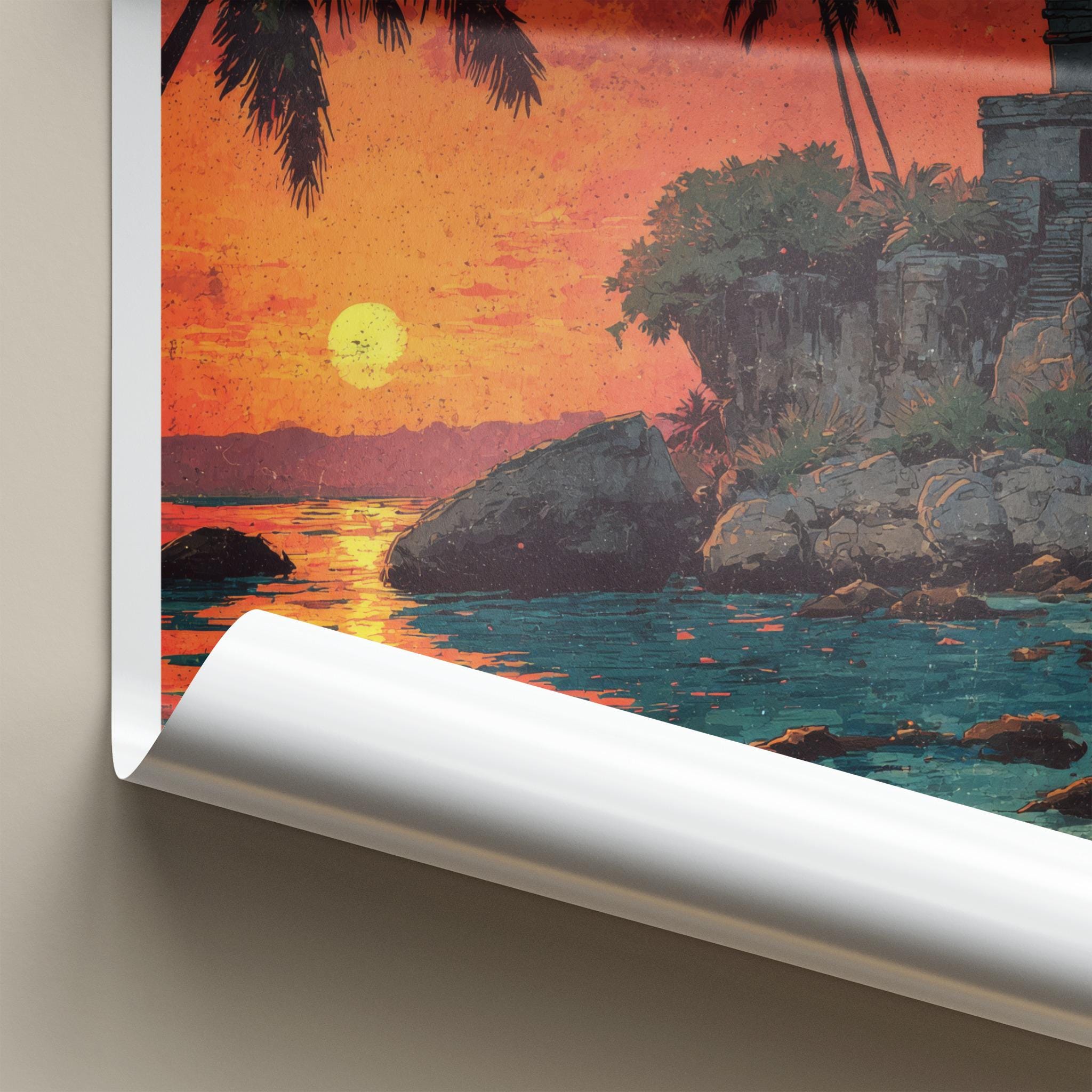 Tulum Poster - Mexico Travel Art - Tropical Ruins Sunset Wall Decor