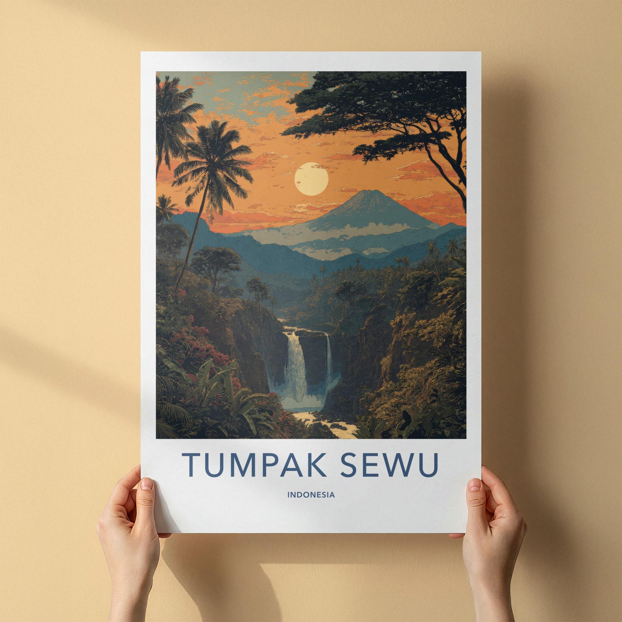 Tumpak Sewu Poster - Indonesia Travel Art - Volcanic Sunset Waterfall Wall Decor