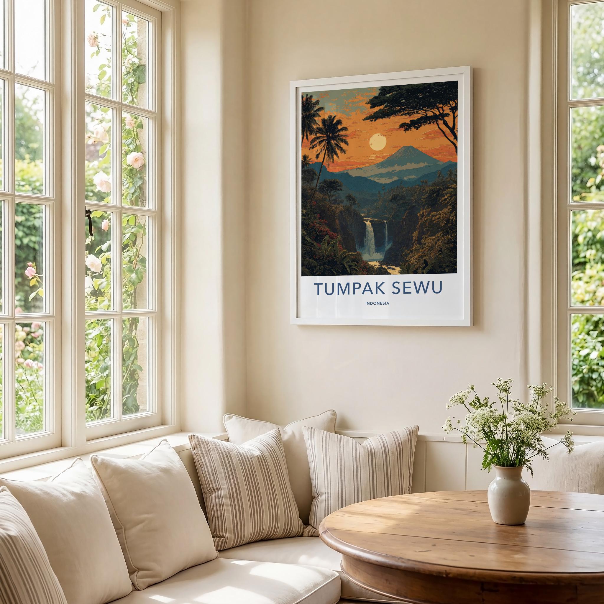 Tumpak Sewu Poster - Indonesia Travel Art - Volcanic Sunset Waterfall Wall Decor