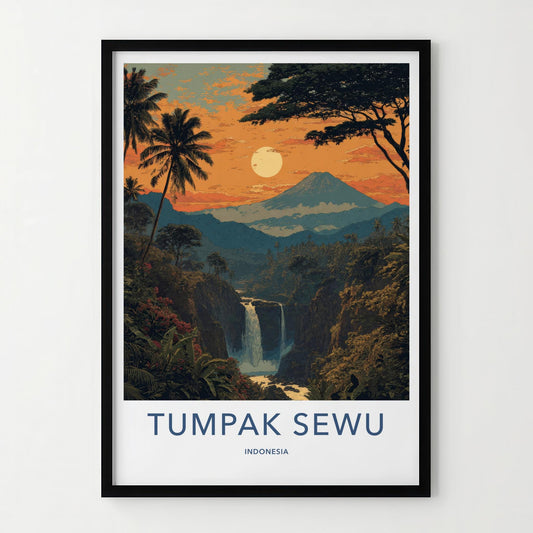 Tumpak Sewu Poster - Indonesia Travel Art - Volcanic Sunset Waterfall Wall Decor