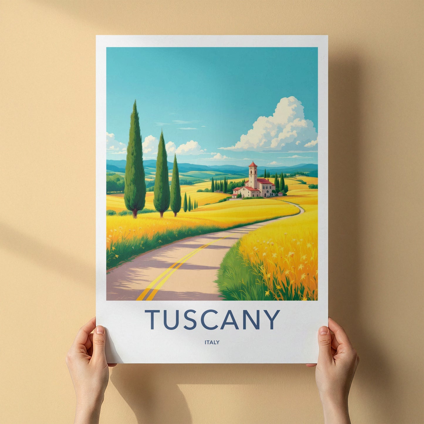 Tuscany Poster - Italy Travel Art - Yellow Field Villa Home Decor