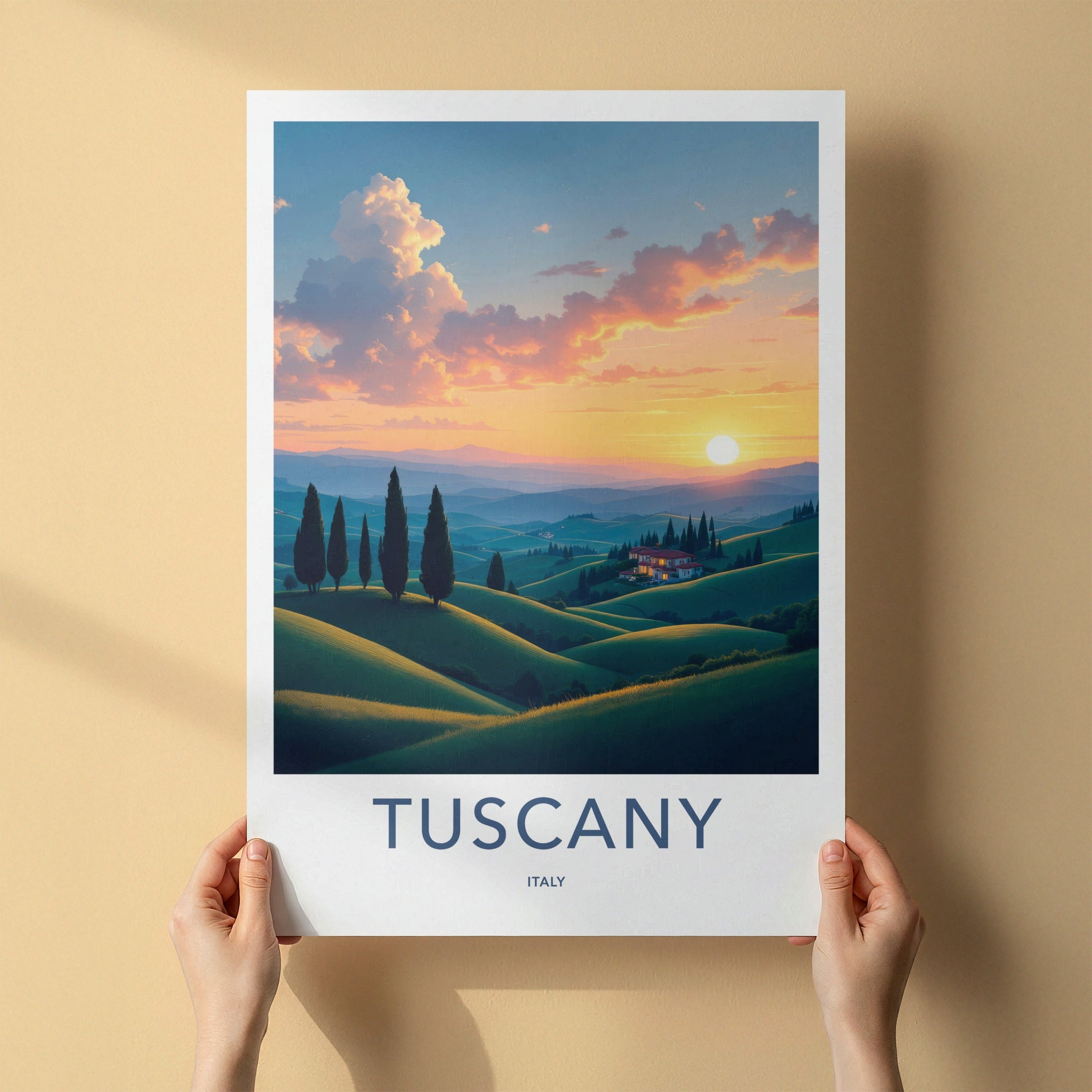 Tuscany Poster - Italy Wall Art - Rolling hills sunset Home Decor