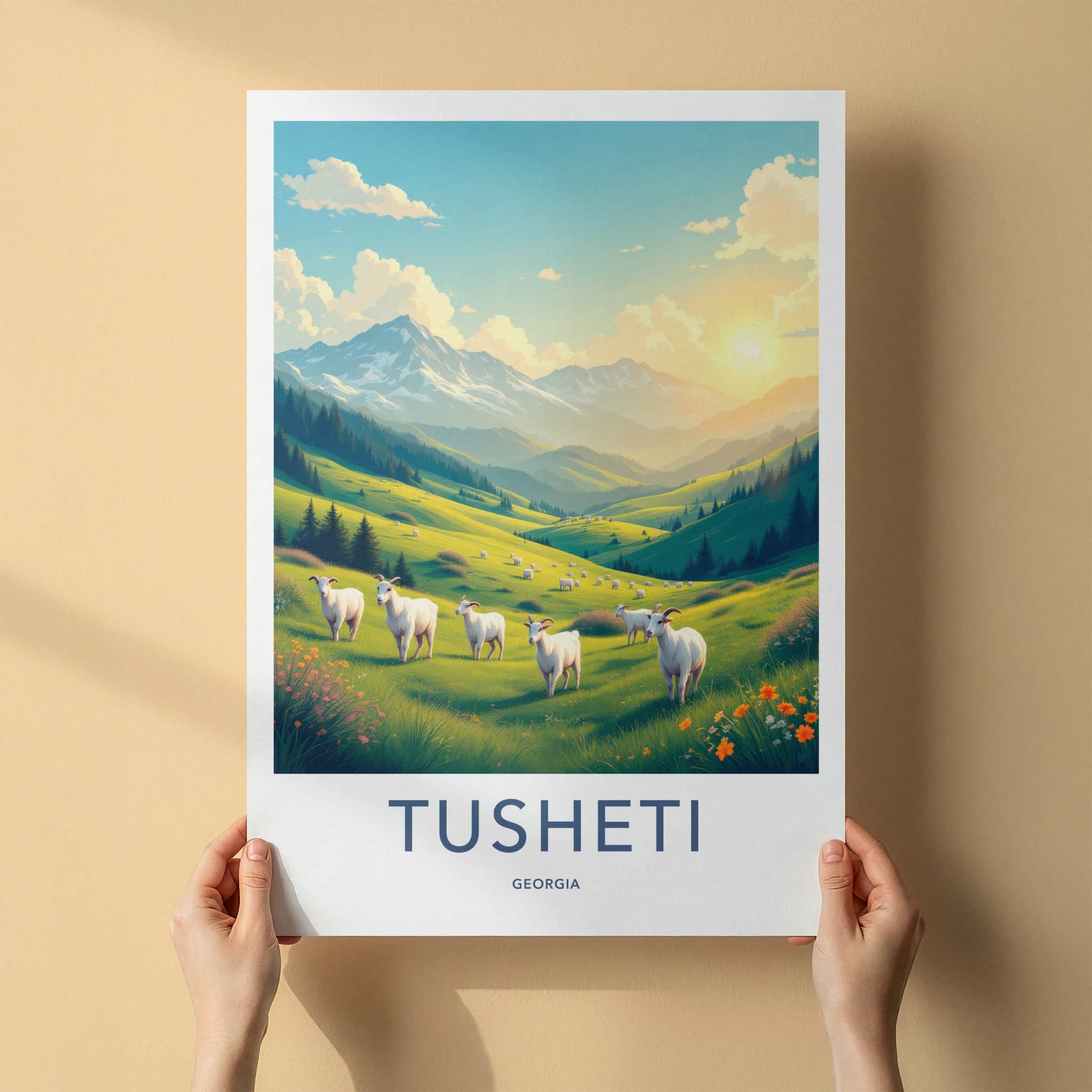 Tusheti Poster - Georgia Travel Art - Goats Grazing Hills Home Decor