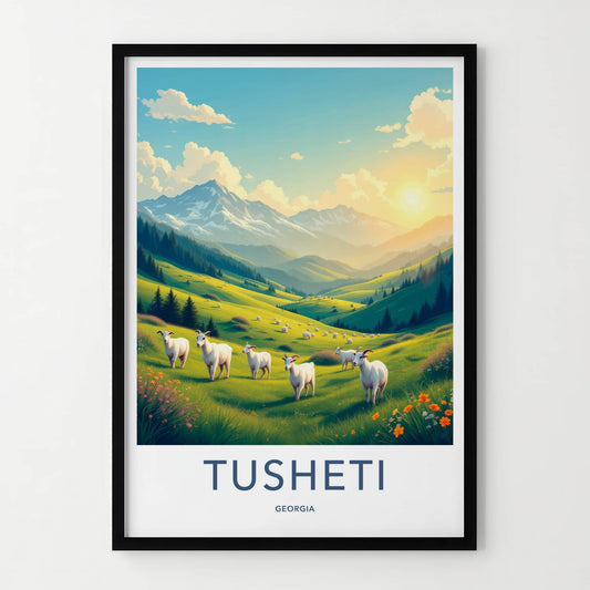 Tusheti Poster - Georgia Travel Art - Goats Grazing Hills Home Decor