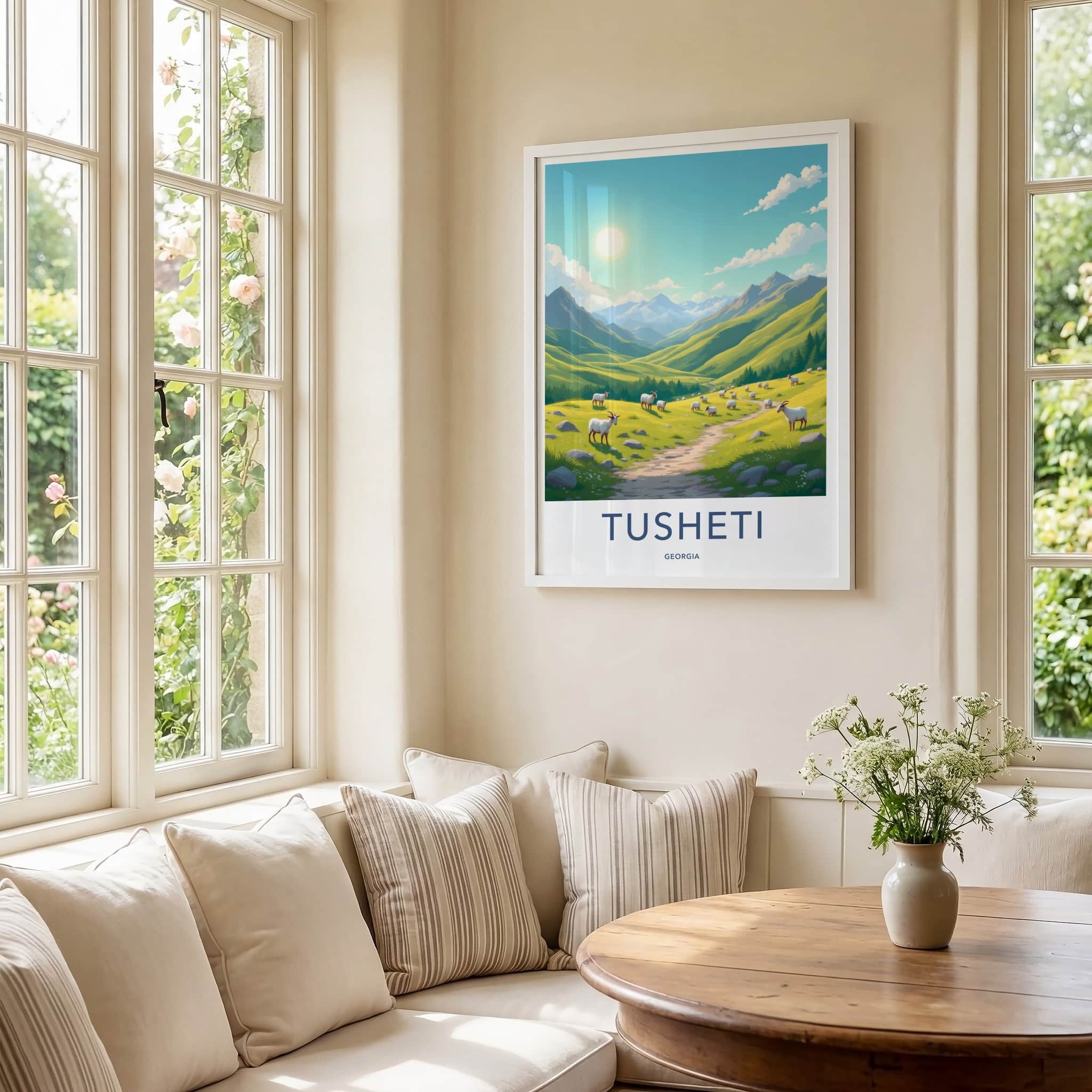 Tusheti Poster - Georgia Travel Art - Grazing Mountain Valley Home Decor