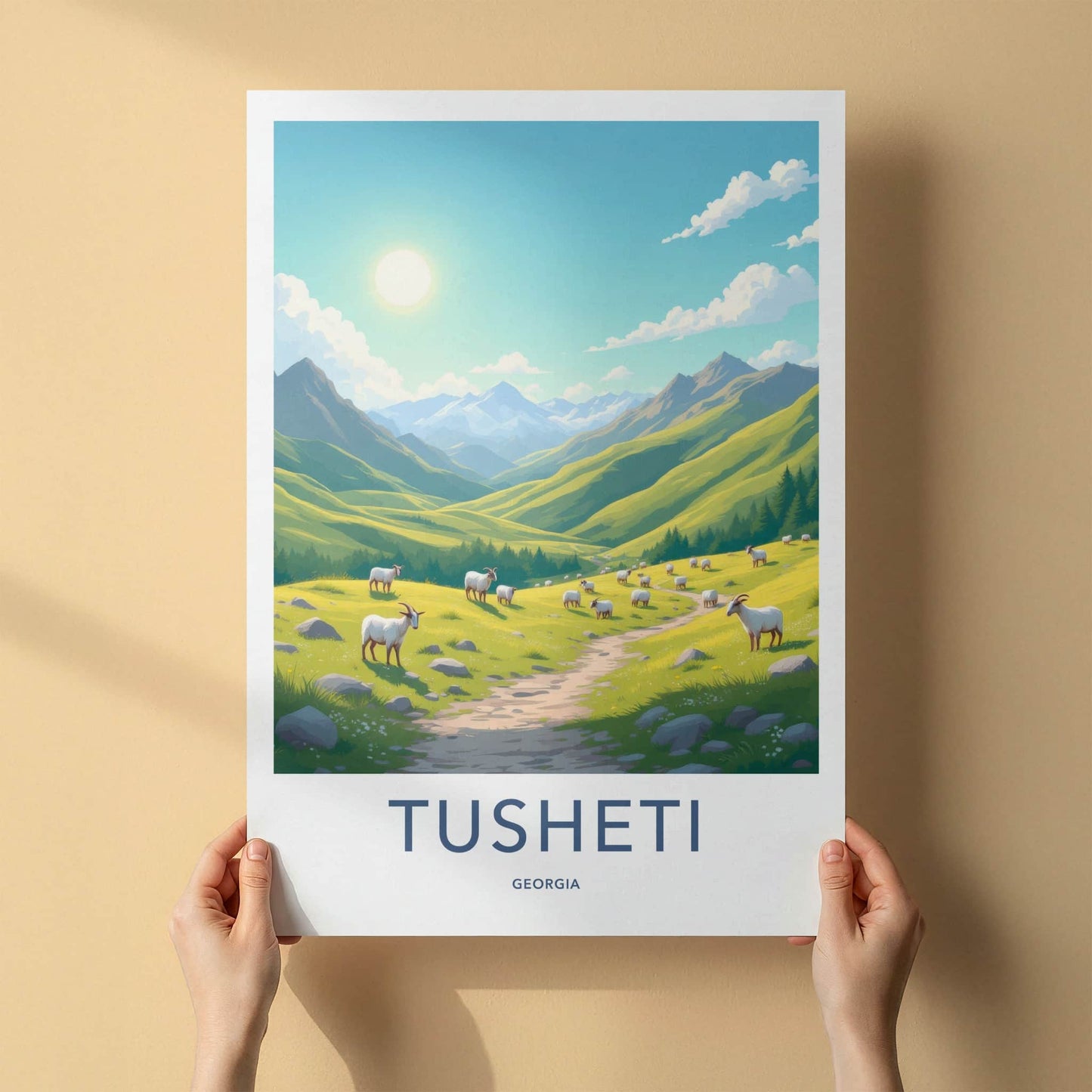 Tusheti Poster - Georgia Travel Art - Grazing Mountain Valley Home Decor