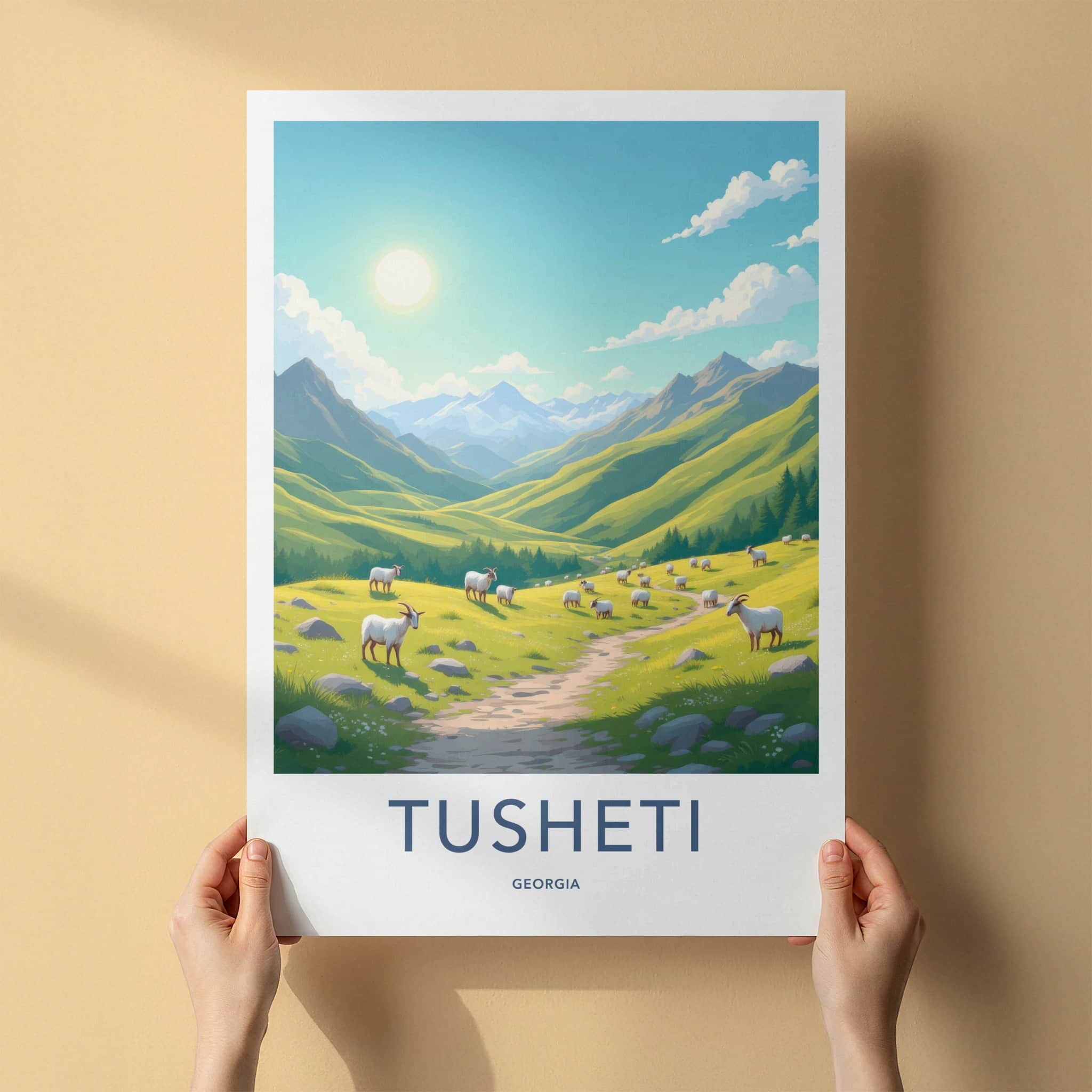 Tusheti Poster - Georgia Travel Art - Grazing Mountain Valley Home Decor