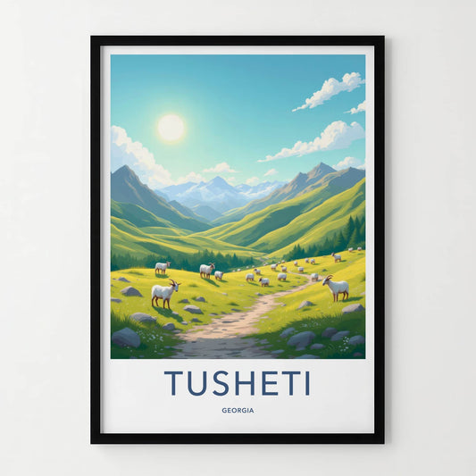 Tusheti Poster - Georgia Travel Art - Grazing Mountain Valley Home Decor