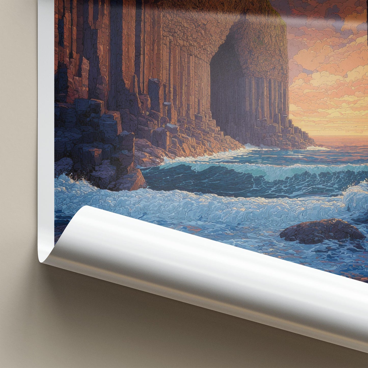 Uamh Binn Poster - Scotland Travel Art - Basalt Cave Sunset Home Decor