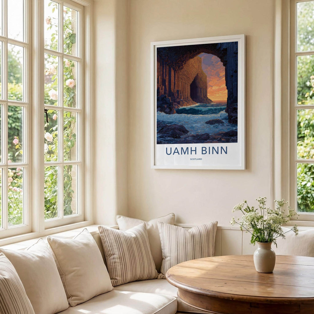 Uamh Binn Poster - Scotland Travel Art - Basalt Cave Sunset Home Decor
