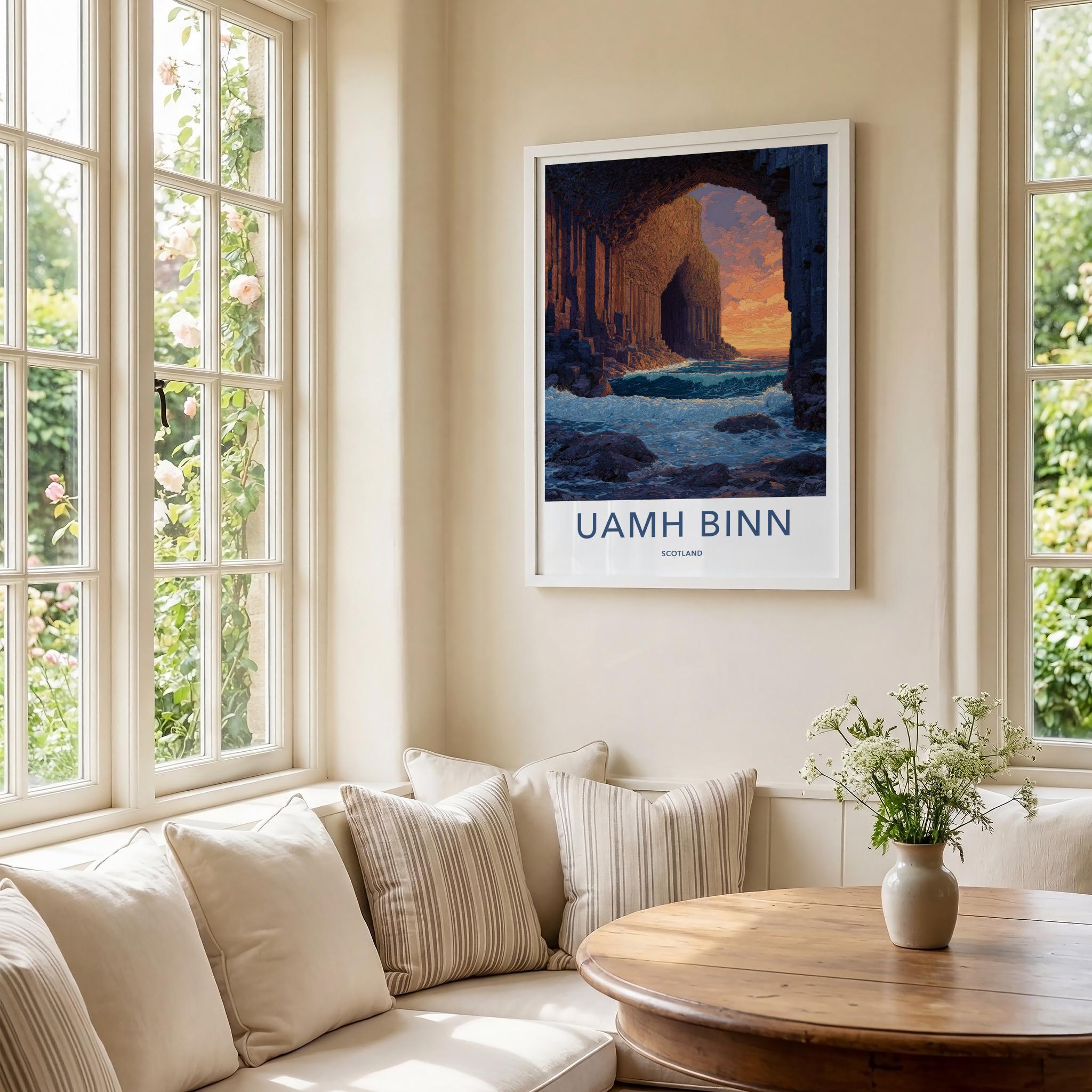 Uamh Binn Poster - Scotland Travel Art - Basalt Cave Sunset Home Decor