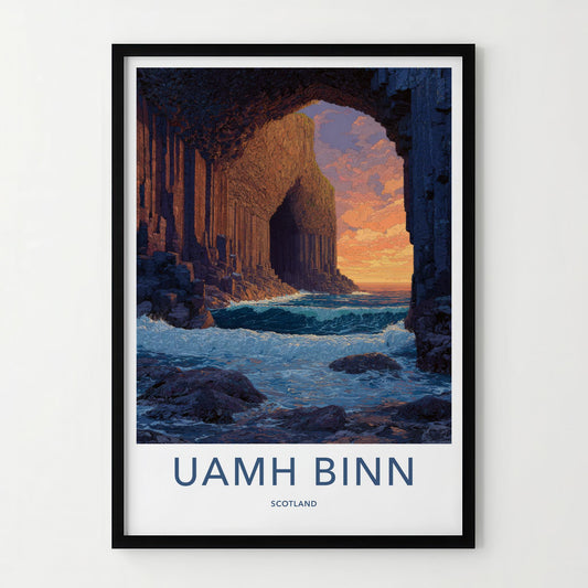 Uamh Binn Poster - Scotland Travel Art - Basalt Cave Sunset Home Decor