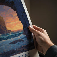 Uamh Binn Poster - Scotland Travel Art - Basalt Cave Sunset Home Decor