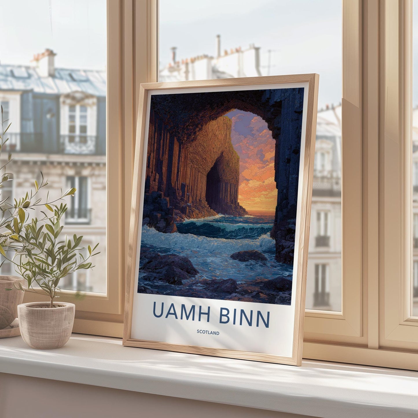 Uamh Binn Poster - Scotland Travel Art - Basalt Cave Sunset Home Decor