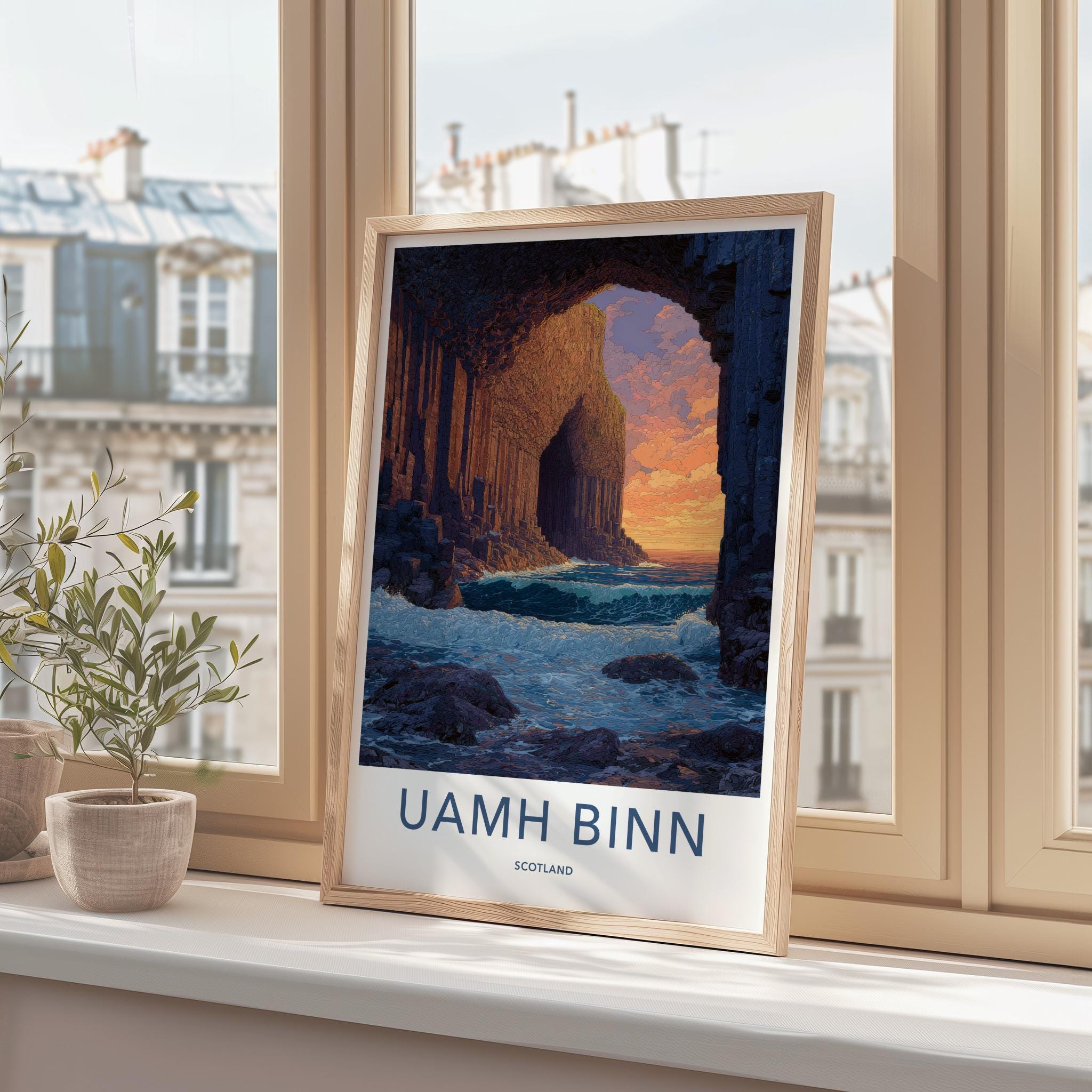 Uamh Binn Poster - Scotland Travel Art - Basalt Cave Sunset Home Decor