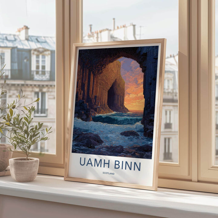 Uamh Binn Poster - Scotland Travel Art - Basalt Cave Sunset Home Decor