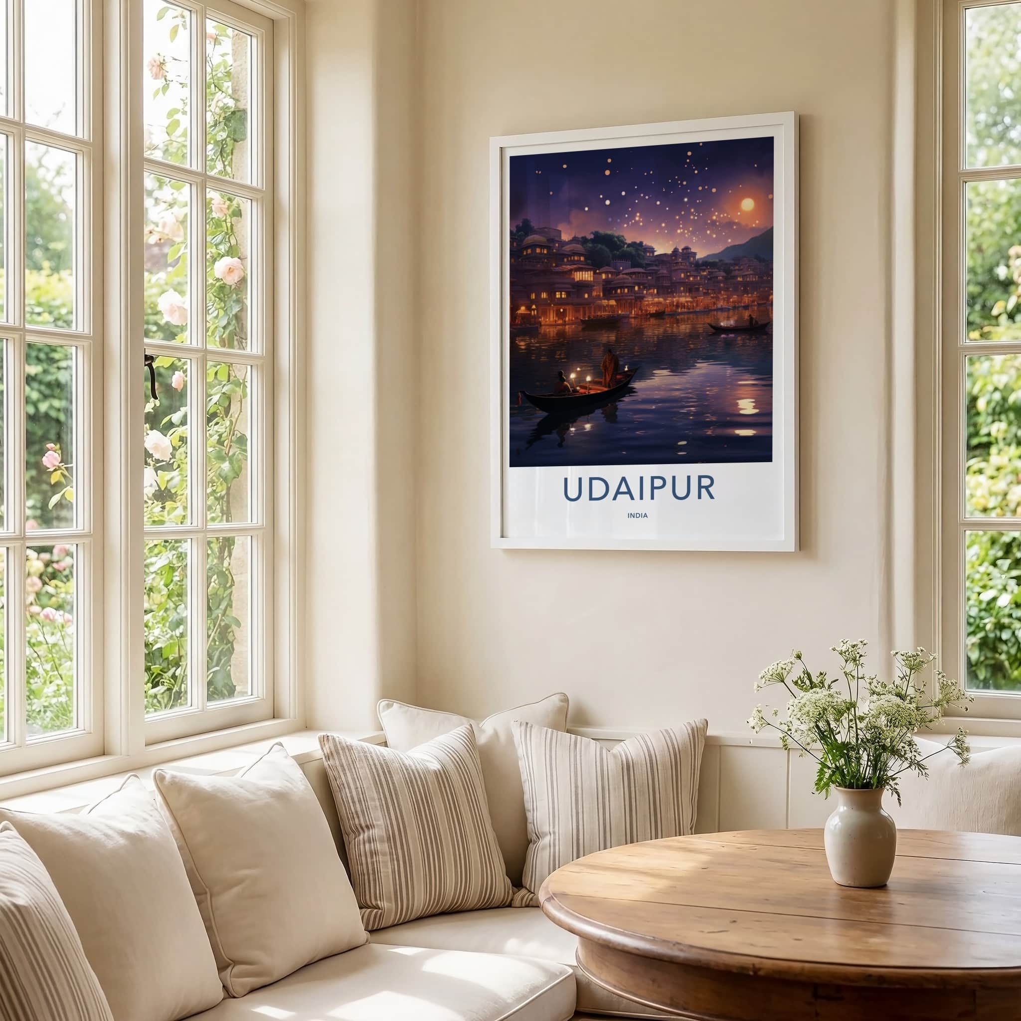 Udaipur Poster - India Travel Art - Rajasthan Floating Lanterns City Home Decor