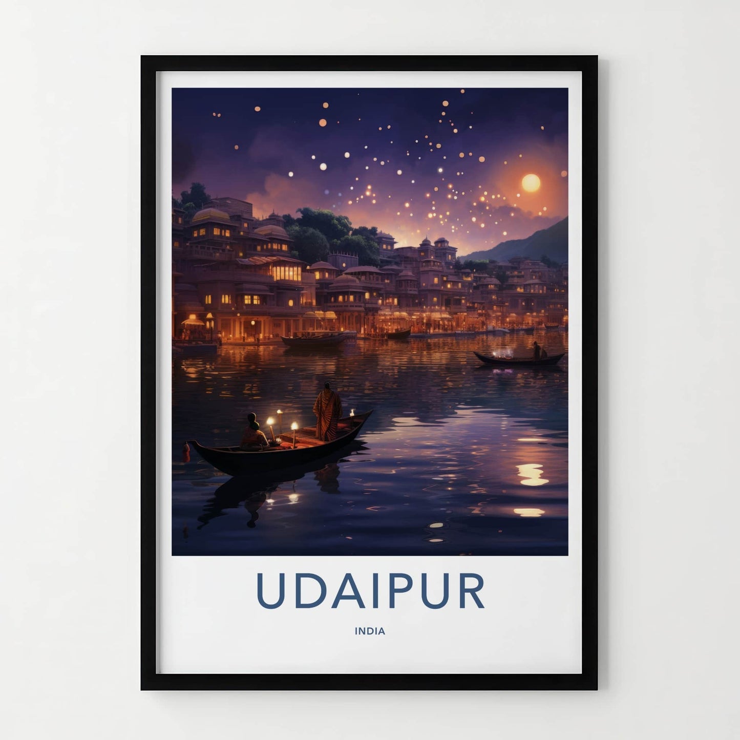 Udaipur Poster - India Travel Art - Rajasthan Floating Lanterns City Home Decor