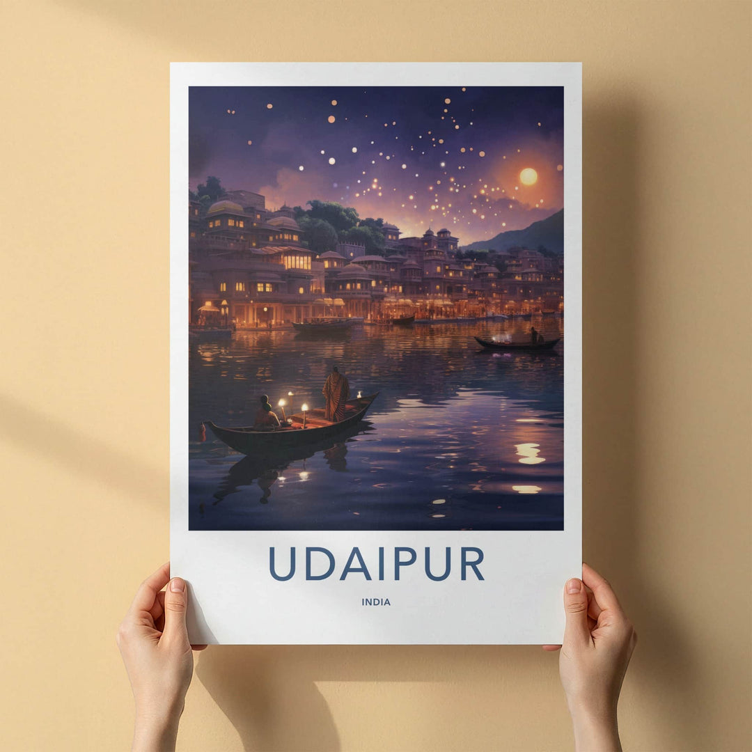 Udaipur Poster - India Travel Art - Rajasthan Floating Lanterns City Home Decor