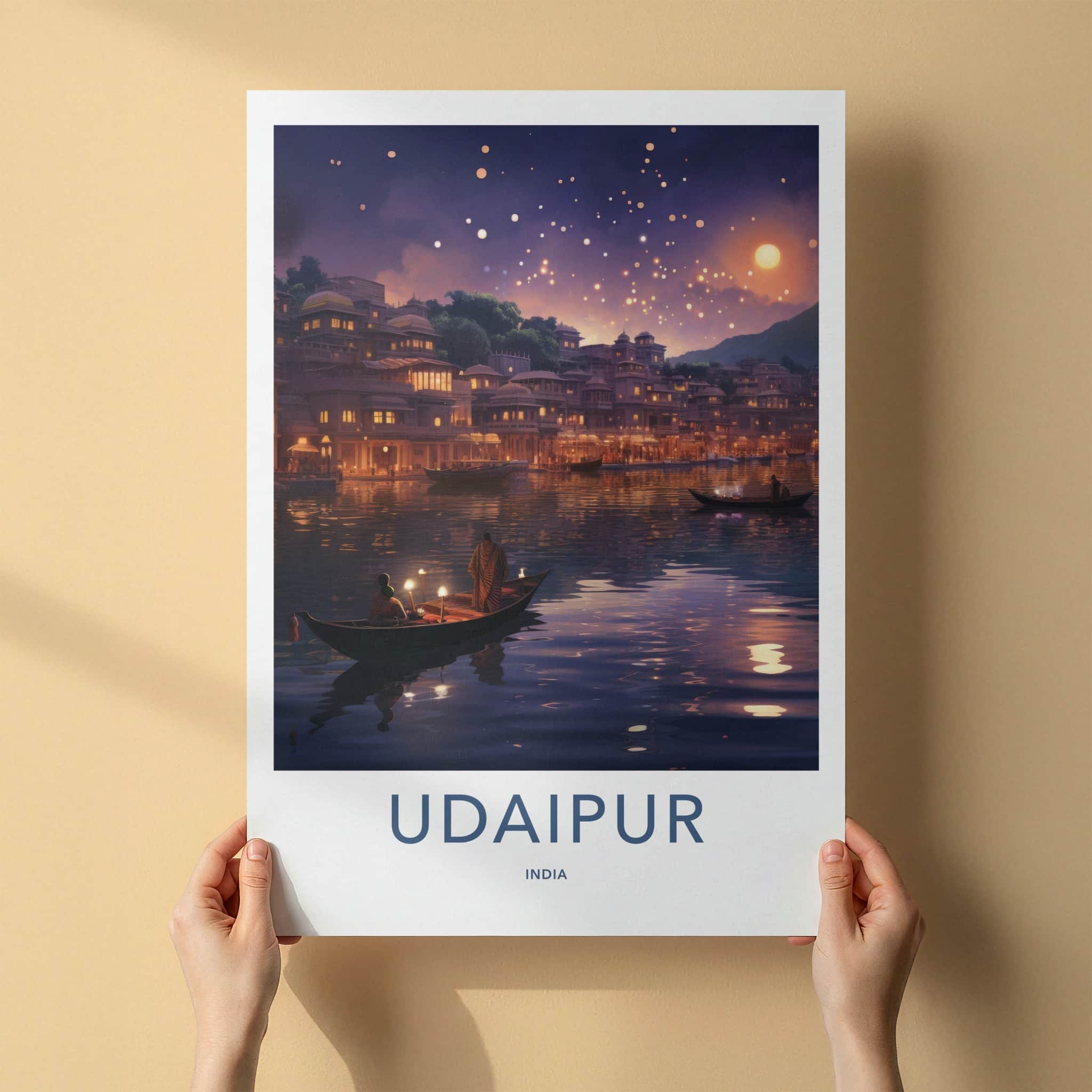 Udaipur Poster - India Travel Art - Rajasthan Floating Lanterns City Home Decor