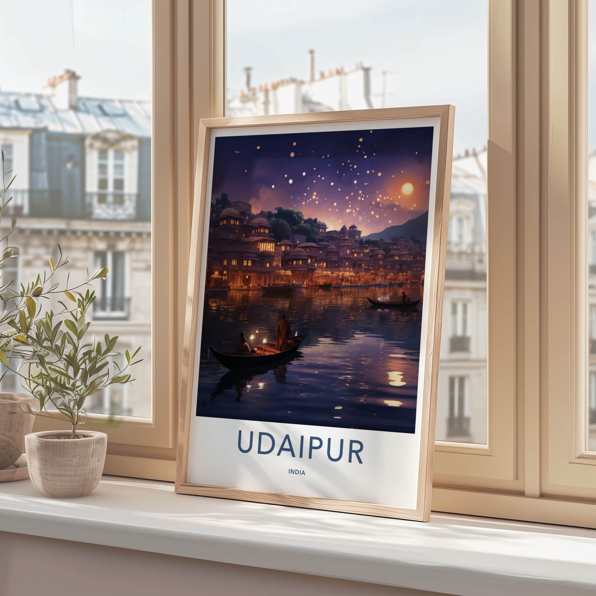 Udaipur Poster - India Travel Art - Rajasthan Floating Lanterns City Home Decor