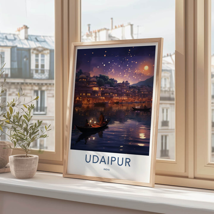 Udaipur Poster - India Travel Art - Rajasthan Floating Lanterns City Home Decor