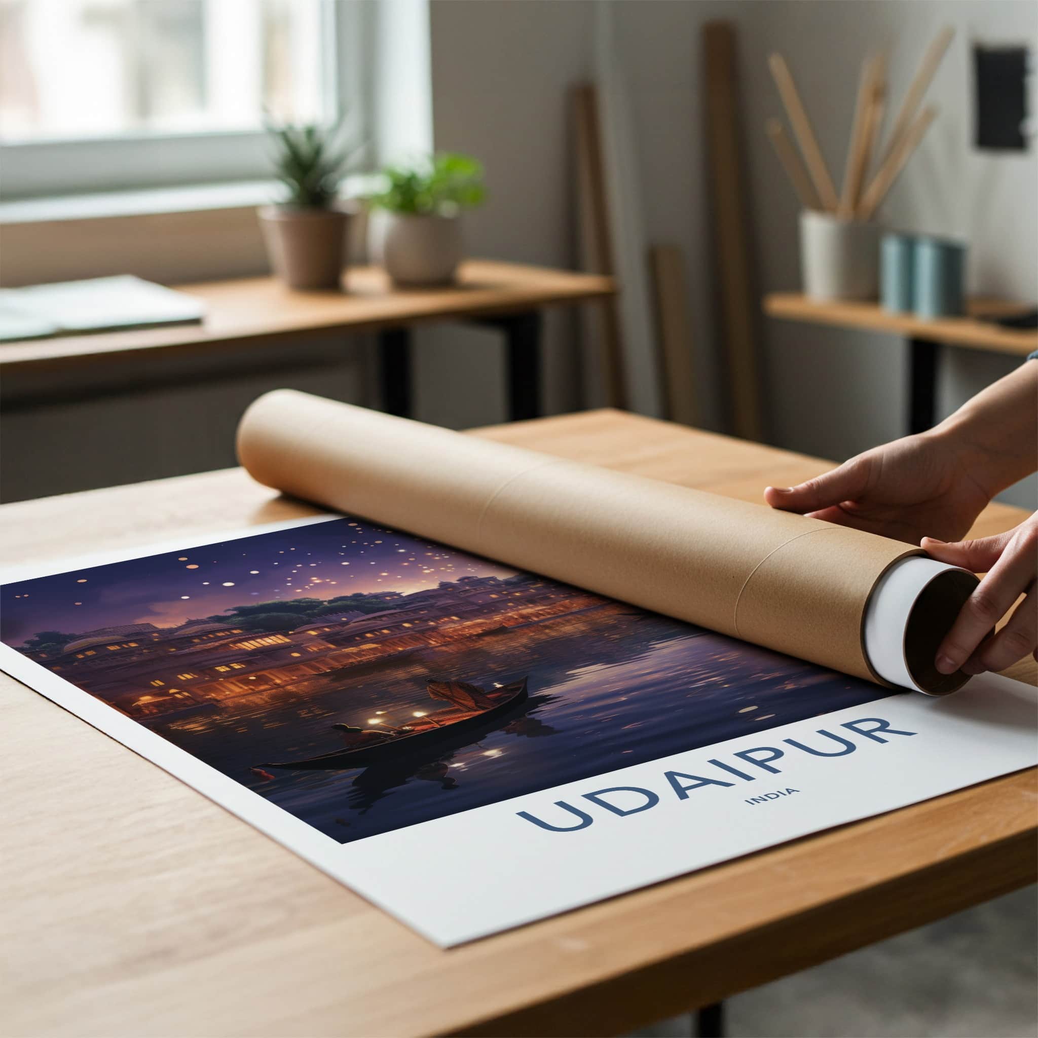 Udaipur Poster - India Travel Art - Rajasthan Floating Lanterns City Home Decor