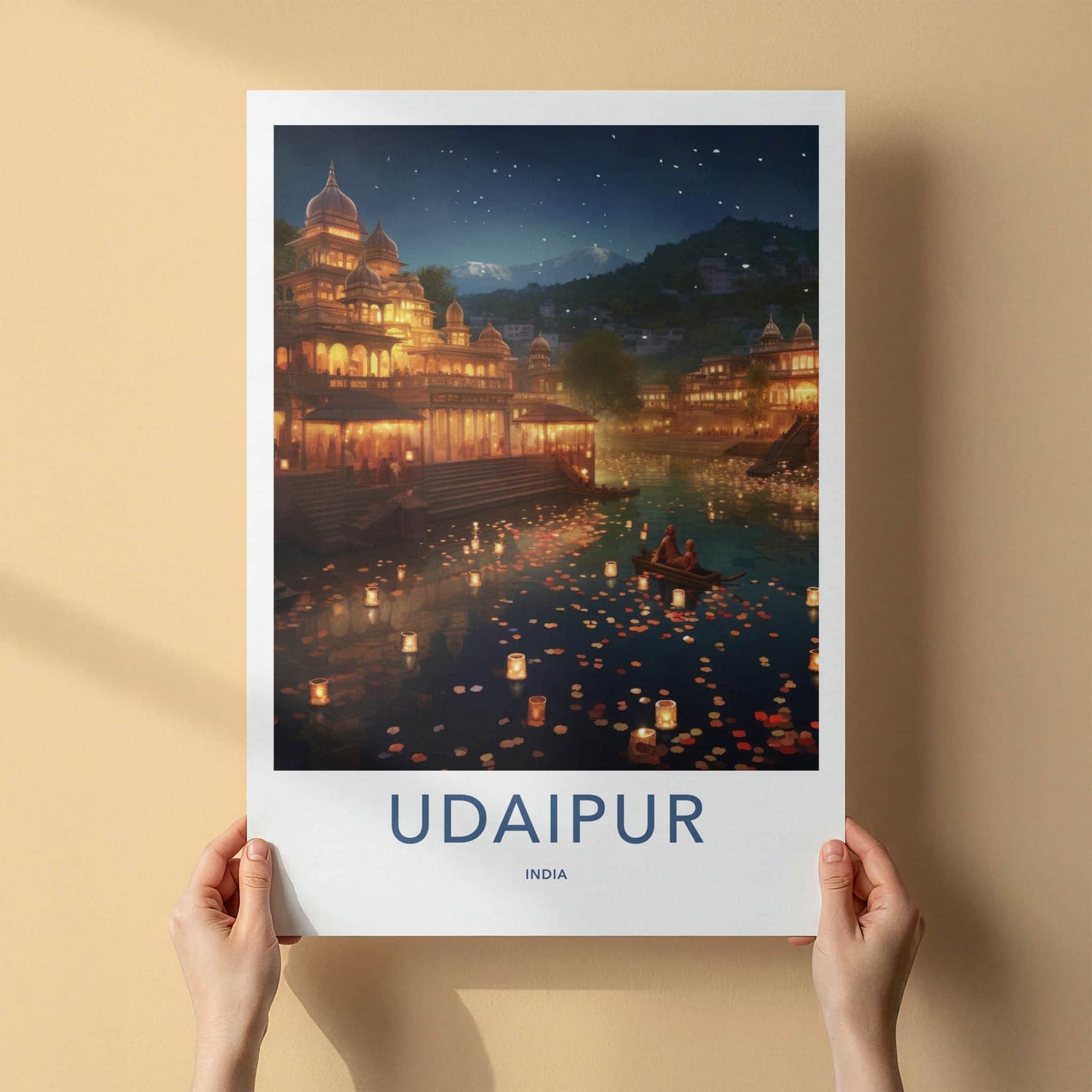 Udaipur Poster - India Travel Art - Rajasthan Floating Lanterns Lake Home Decor
