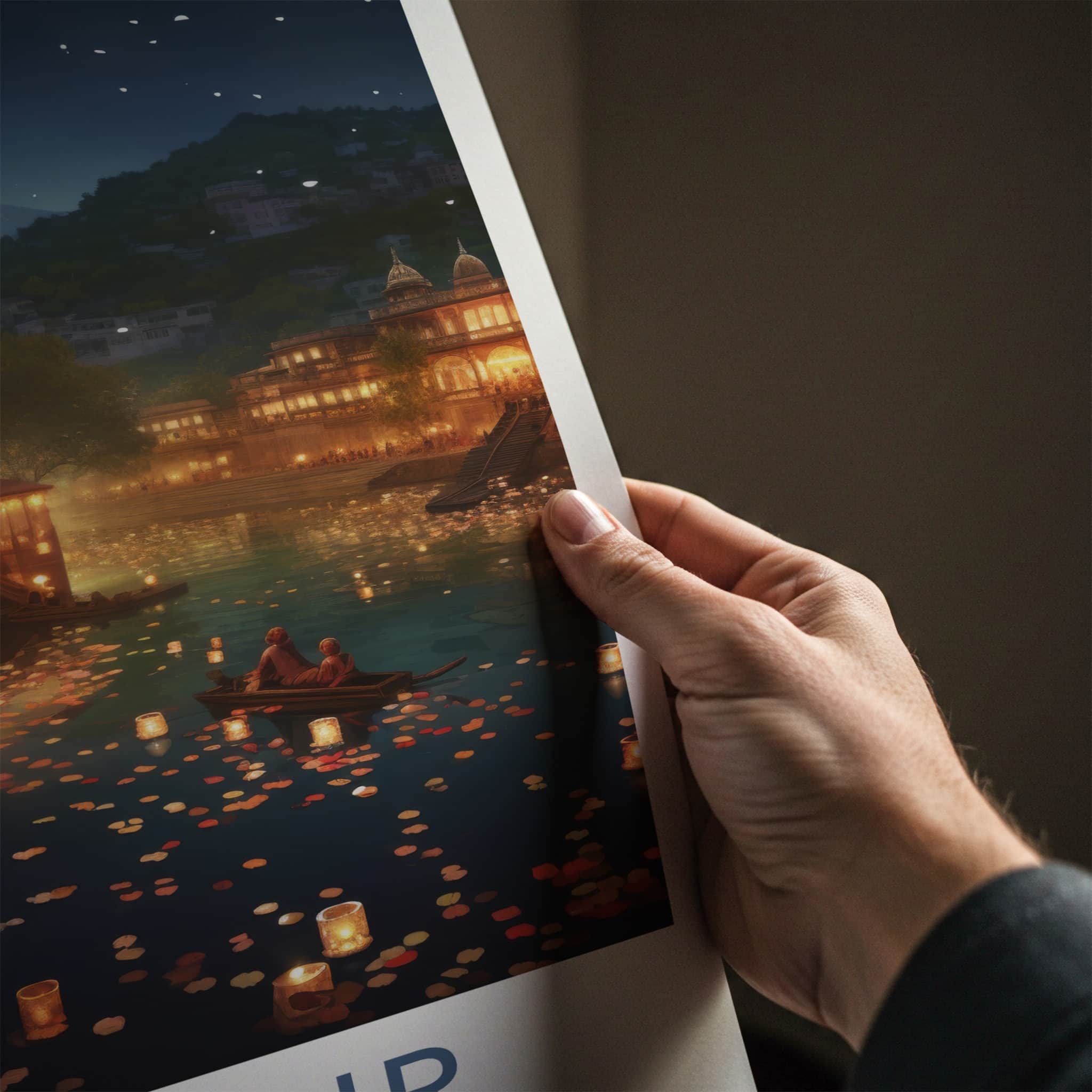 Udaipur Poster - India Travel Art - Rajasthan Floating Lanterns Lake Home Decor