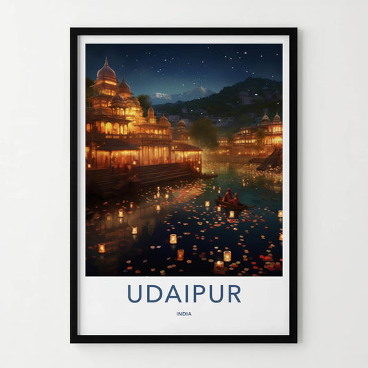 Udaipur Poster - India Travel Art - Rajasthan Floating Lanterns Lake Home Decor
