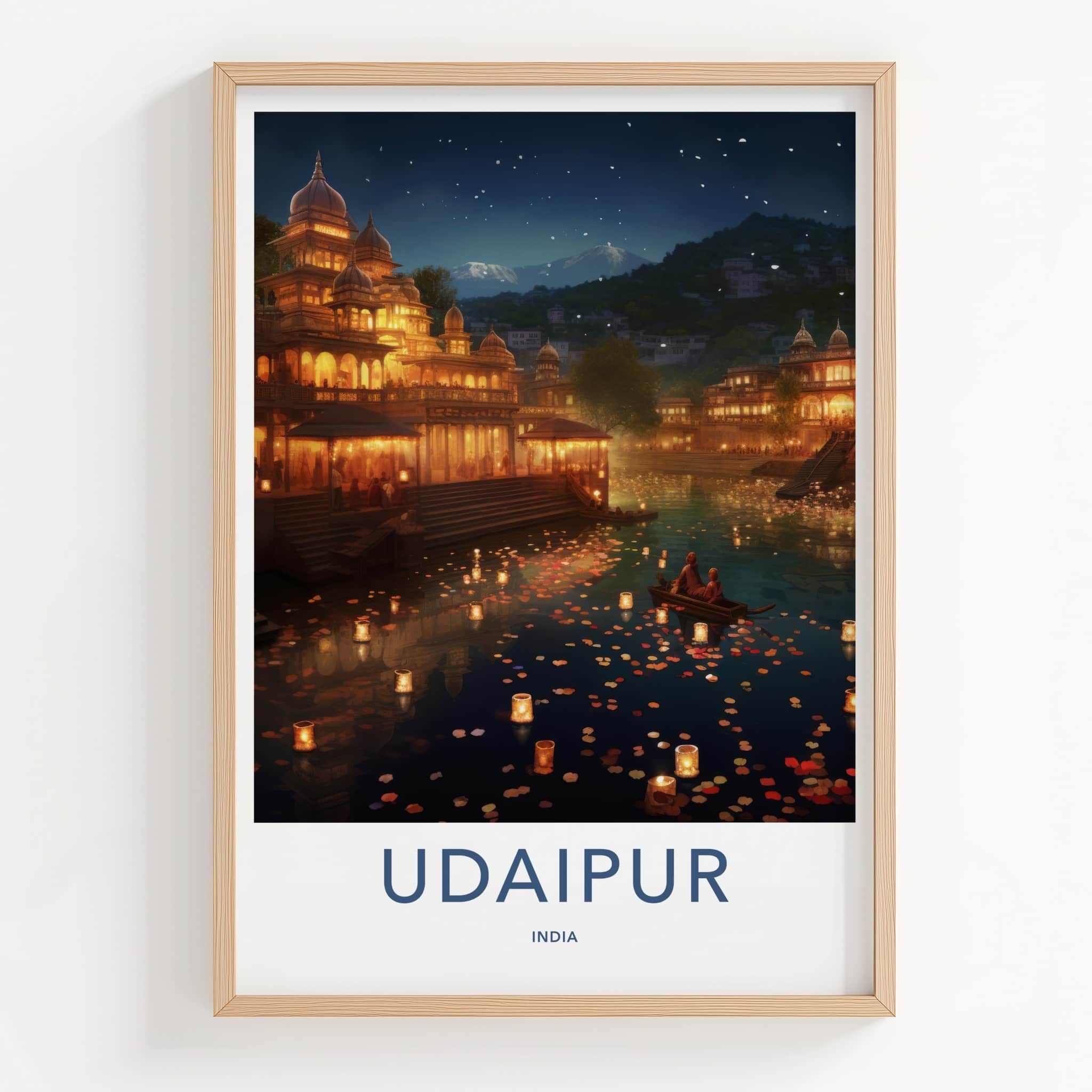 Udaipur Poster - India Travel Art - Rajasthan Floating Lanterns Lake Home Decor