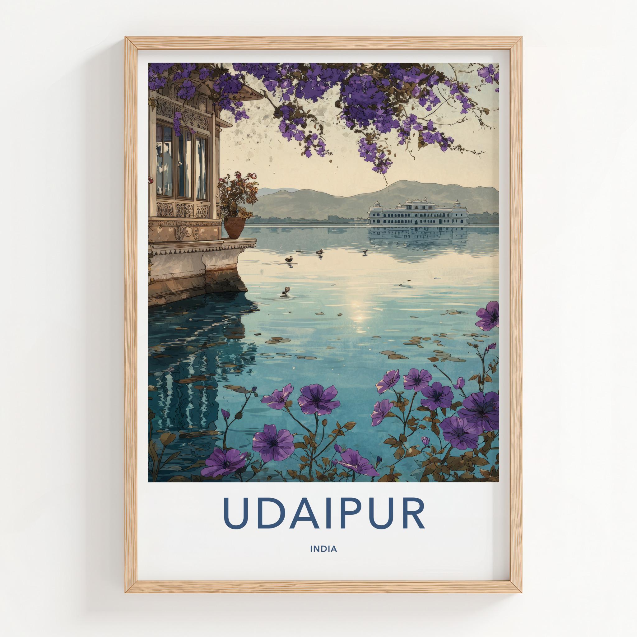 Udaipur Poster - India Travel Art - Rajasthan Lake Palace Flowers Home Decor