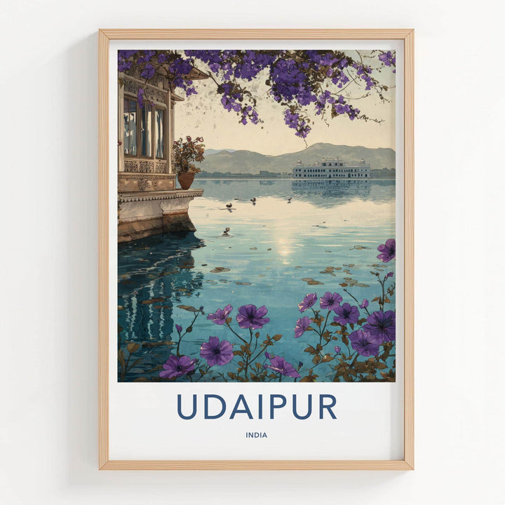 Udaipur Poster - India Travel Art - Rajasthan Lake Palace Flowers Home Decor