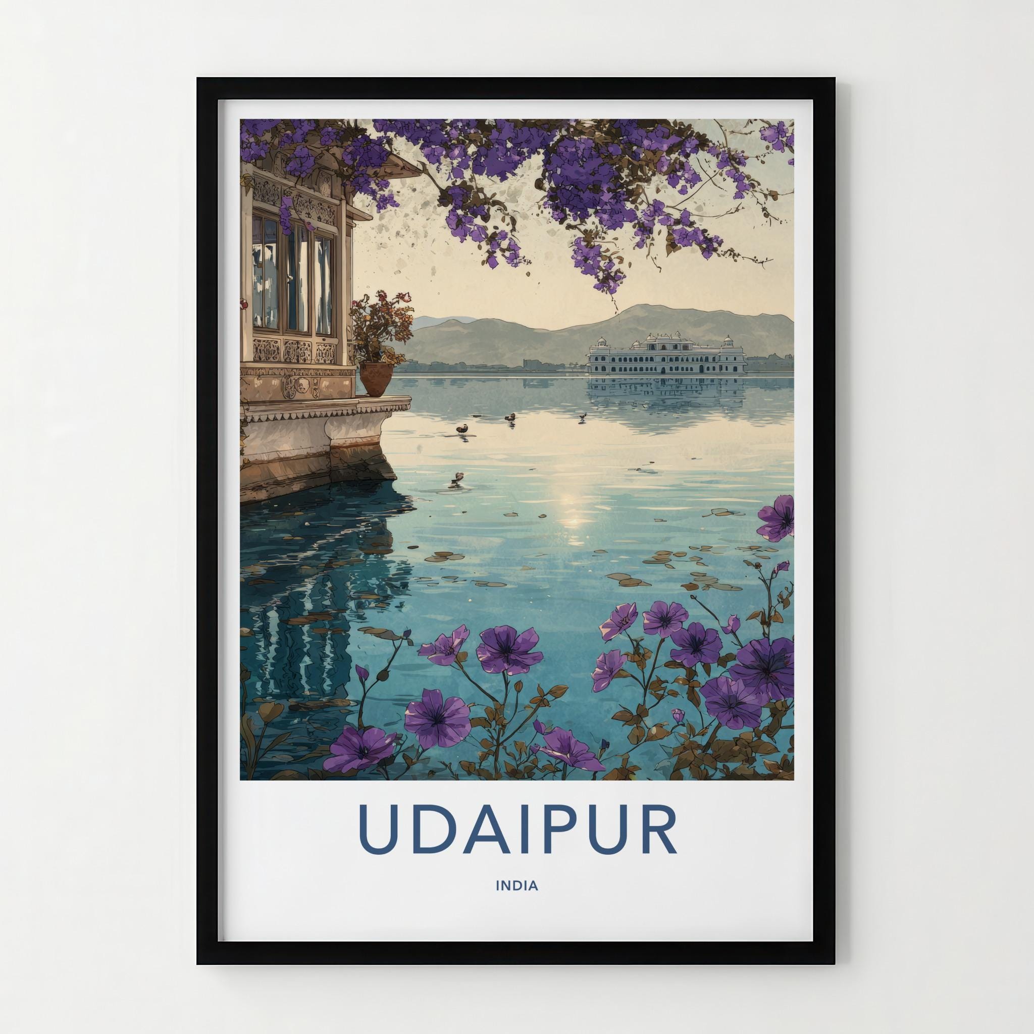 Udaipur Poster - India Travel Art - Rajasthan Lake Palace Flowers Home Decor