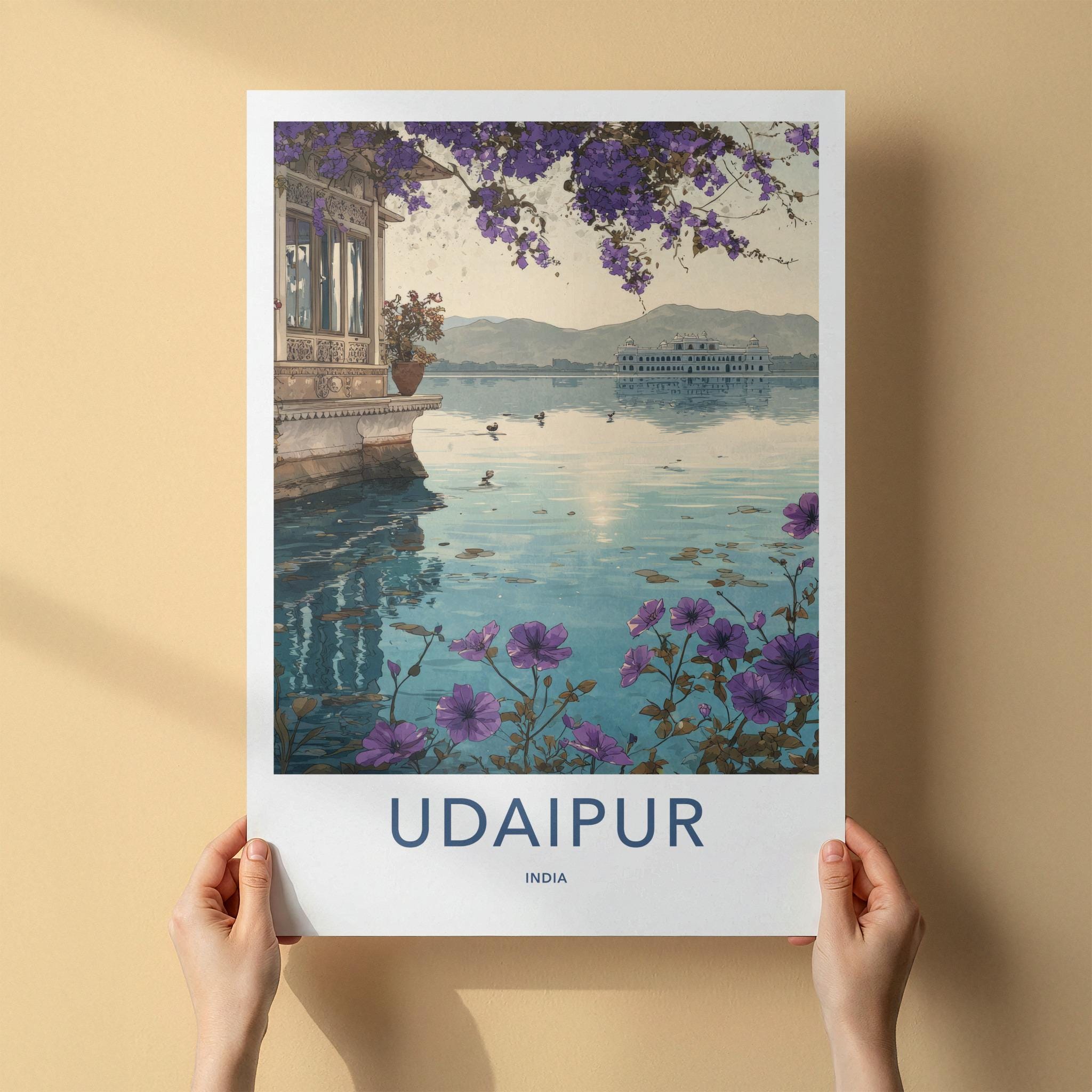 Udaipur Poster - India Travel Art - Rajasthan Lake Palace Flowers Home Decor