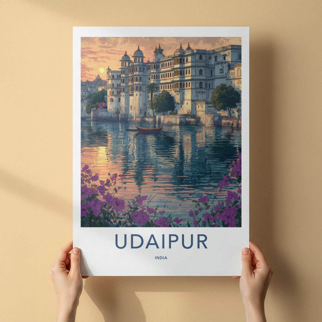 Udaipur Poster - India Travel Art - Rajasthan Lake Palace Sunset Home Decor
