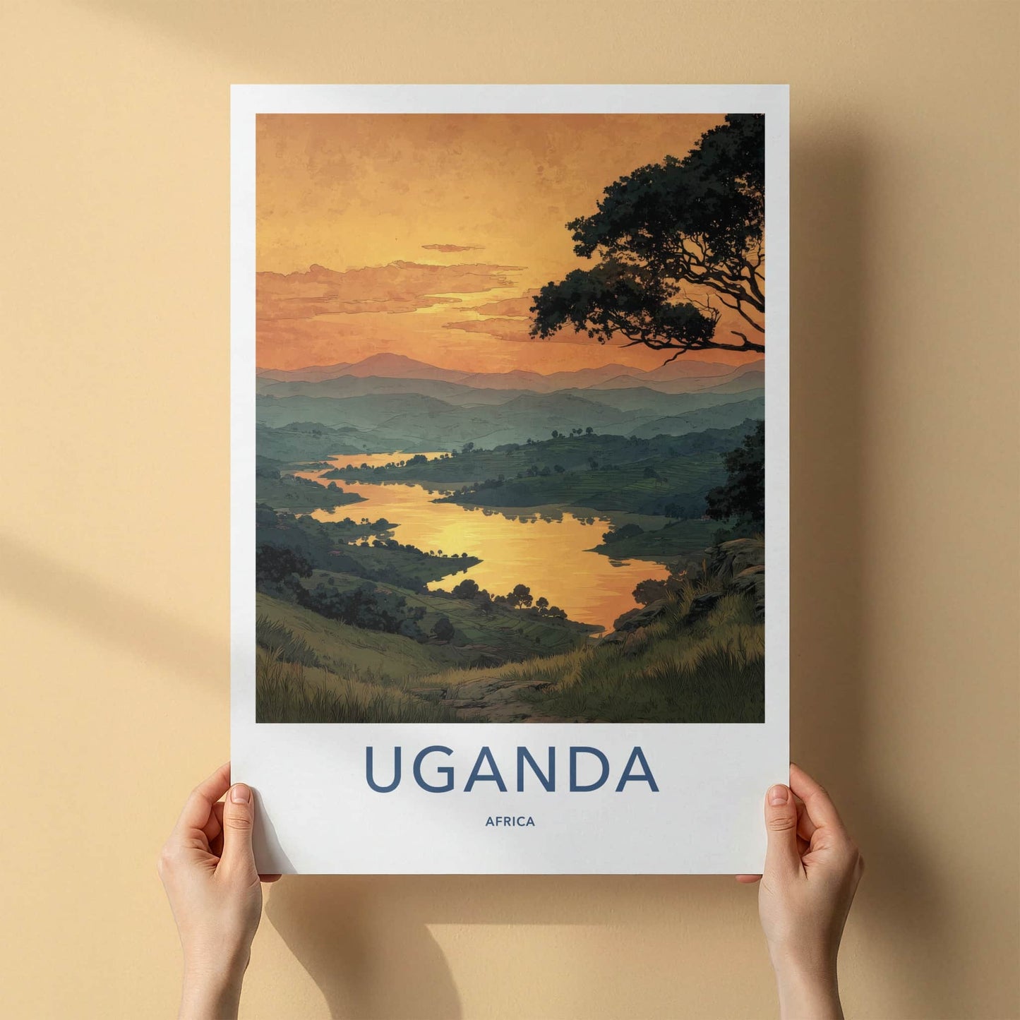 Uganda Poster - Africa Travel Art - Reflective Golden Water Home Decor