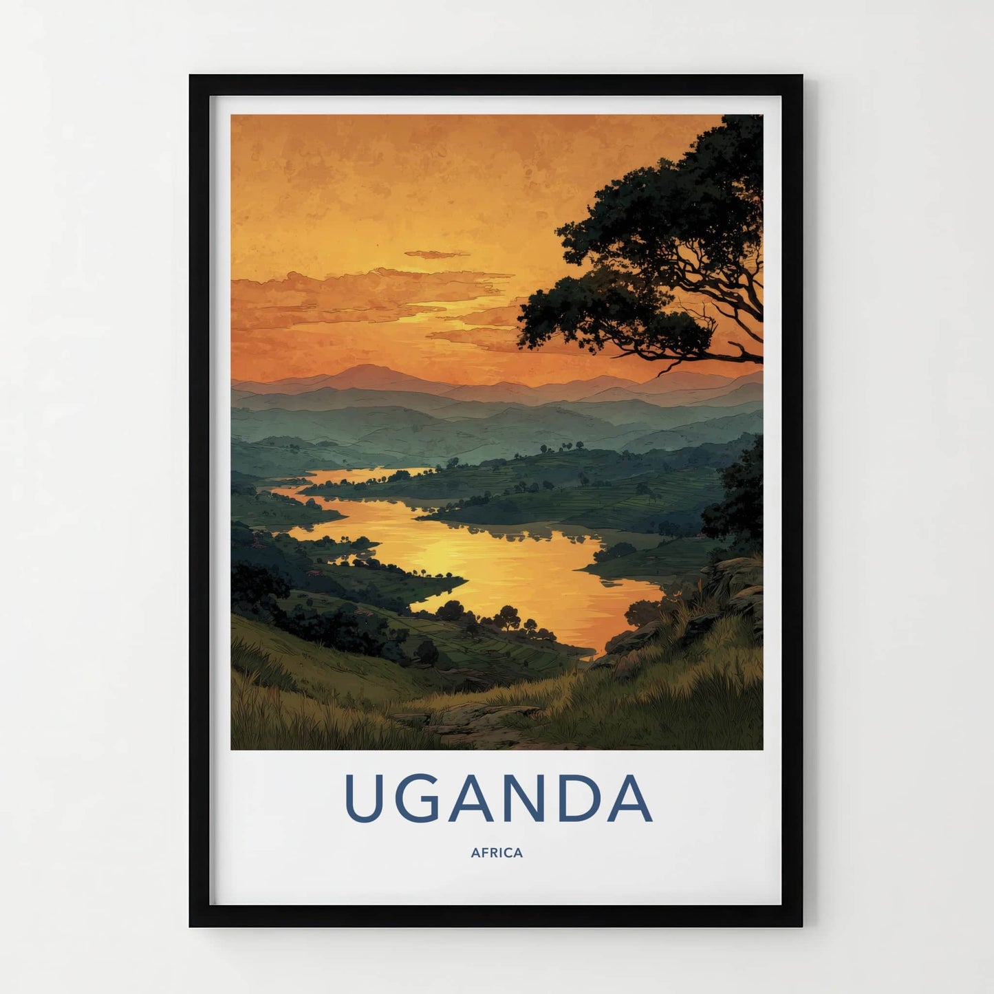 Uganda Poster - Africa Travel Art - Reflective Golden Water Home Decor