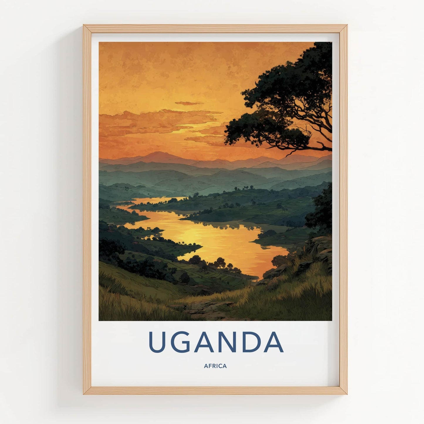 Uganda Poster - Africa Travel Art - Reflective Golden Water Home Decor
