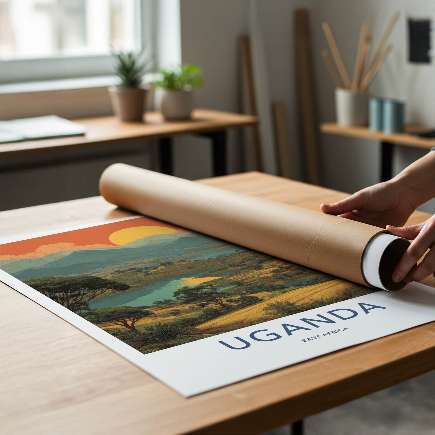 Uganda Poster - Africa Travel Art - Terraced Lake Landscape Home Decor