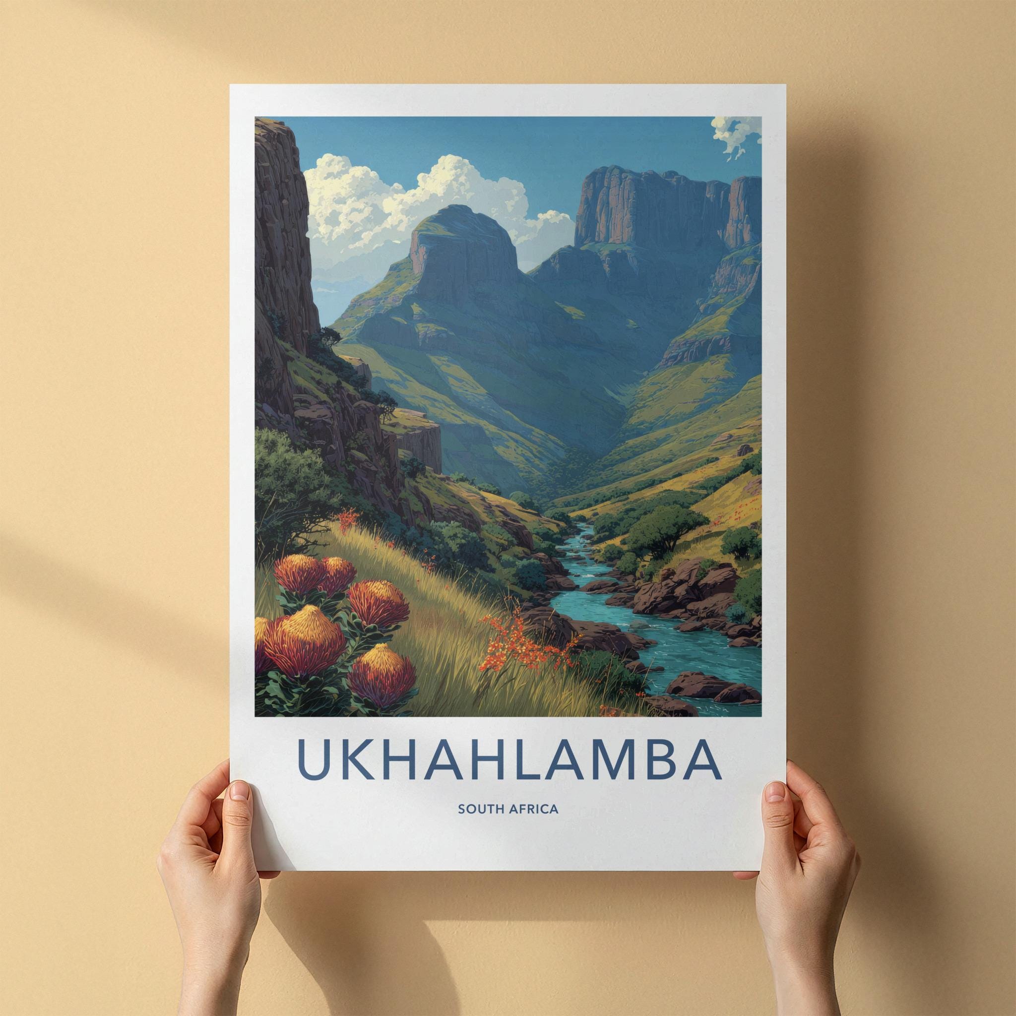 Ukhahlamba Poster - South Africa Travel Art - Dramatic Peaks River Wall Decor
